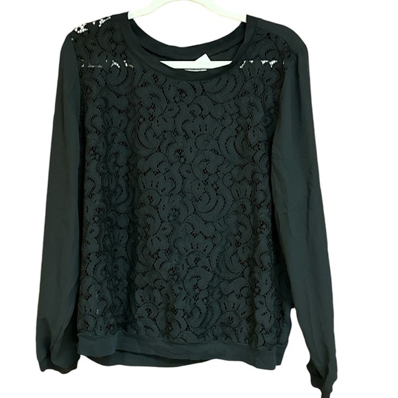 Loft Black Longsleeved Paisley Lace Front Crew Neck Dressy Career Blouse XL - Picture 1 of 7